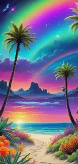 Vibrant tropical sunset wallpaper with palm trees and colorful sky.