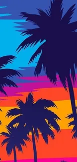 Silhouetted palm trees against a colorful tropical sunset sky.