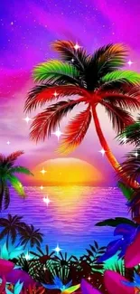 Vibrant tropical sunset wallpaper with colorful palms and ocean view.