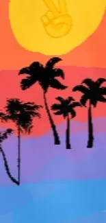 Colorful tropical sunset with palm trees and peace sign sun.