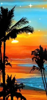 Tropical sunset over ocean with palm trees silhouette.