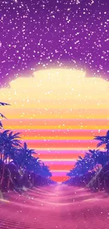 Vibrant neon tropical sunset wallpaper with palm trees and retro wave design.