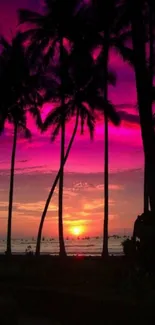 Purple sky tropical sunset with silhouetted palm trees and ocean view.