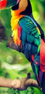 Vibrant toucan perched on branch with lush green background.