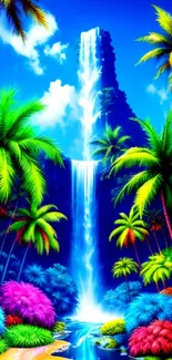 Vibrant tropical waterfall with colorful palms.