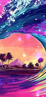 Colorful wave art with tropical sunset and palm trees.