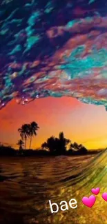 Colorful wave with tropical sunset and palm trees in vibrant artwork.