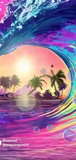 Vibrant wave with palm trees and a sunset in a tropical scene.