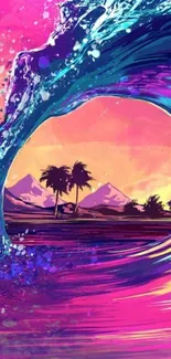 Vibrant tropical wave and palm tree mobile wallpaper.