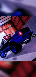 Truck with vibrant colors in a garage setting, perfect for mobile wallpaper.