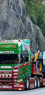 Vibrant green truck on a scenic mountain road with vivid colors.