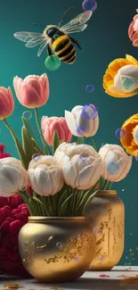 A vibrant wallpaper with tulips and a bee.