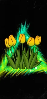 Vibrant yellow tulips with cosmic green background on mobile wallpaper.