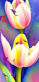 Vibrant tulip painting with colorful watercolor tones.