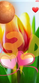 3D tulip art with hearts and vibrant green leaves