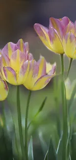 Vibrant pink and yellow tulip blossoms on a green background.