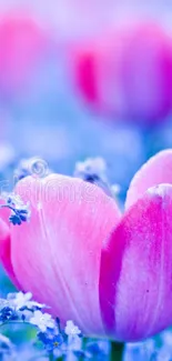 Pink tulip in a blue flower field, vibrant mobile wallpaper.