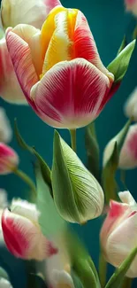 Vibrant tulip blossoms on dark teal background.