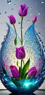 Elegant tulips in blue glass water art