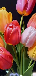 Vibrant tulips with colorful petals in bouquet.