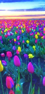 A vibrant tulip field at sunrise with colorful blooms under a deep blue sky.