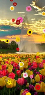 Vibrant tulip field with a sunset and fountain in the background.