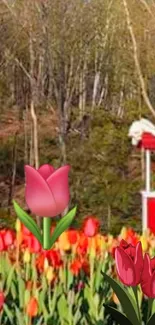 Vibrant tulip field with colorful blooms against a wooded backdrop.