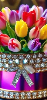 Colorful tulips in a jewelled vase wallpaper.