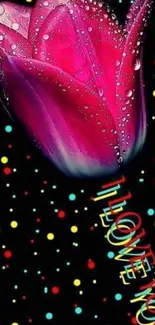 Vibrant tulip with I Love You text on a colorful dotted background.