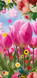 Colorful pink tulips under a clear blue sky with floral accents.