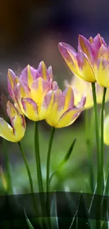 Yellow and purple tulips mobile wallpaper with green stems.