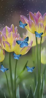 Vibrant tulips and blue butterflies in a lush garden setting.