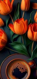 Orange tulips with a coffee cup on dark background wallpaper.