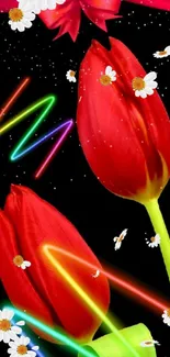 Vibrant red tulips with neon swirls and daisies on a black background.