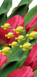 Vibrant mobile wallpaper with red tulips and yellow fish.