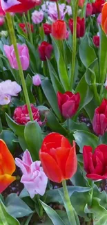 Vibrant tulips in a lush green garden setting.