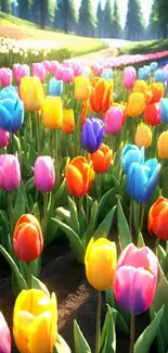 Colorful tulip field in full bloom during spring.