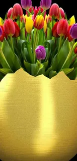 Vibrant tulips in a golden vase against a black backdrop.