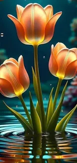 Three vibrant tulips glowing above water with reflections and soft lighting.