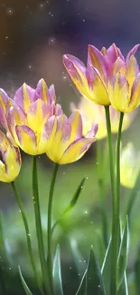 Vibrant tulips with yellow and pink petals on a lush green background.