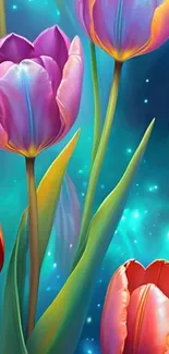 Colorful tulips with a stardust background.