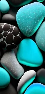 Turquoise and gray pebbles on a dark background.