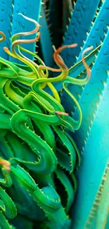 Vibrant turquoise and green plant wallpaper with intricate leaf patterns.