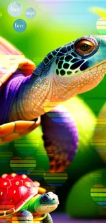 Colorful turtle artwork with vibrant green background and artistic design.