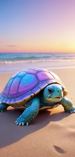 A colorful turtle on a beach with a sunset backdrop.