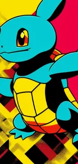 Colorful turtle character on vibrant background.