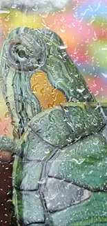 Turtle viewed through raindrops on a vibrant, colorful background.