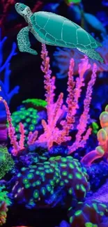 Vibrant underwater scene with a sea turtle and colorful corals.