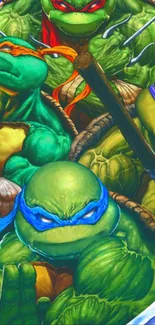 Colorful turtle warrior heroes in action, vibrant mobile wallpaper.