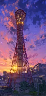 Vibrant tower under a twilight sky with urban backdrop.